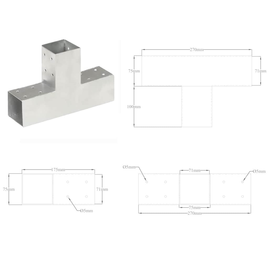 vidaXL Stolpbeslag T-form galvaniserad metall 71x71 mm