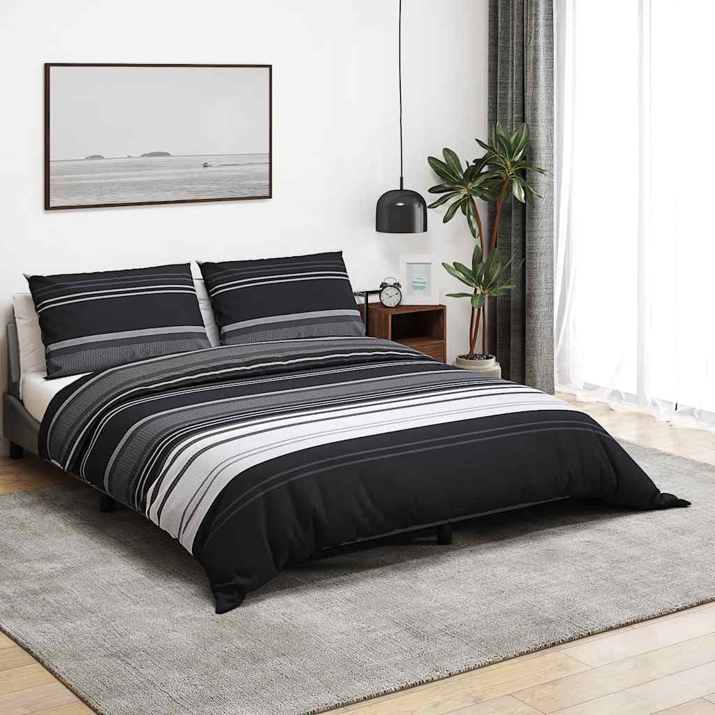 vidaXL Påslakanset svart randig 200x200 cm bomull
